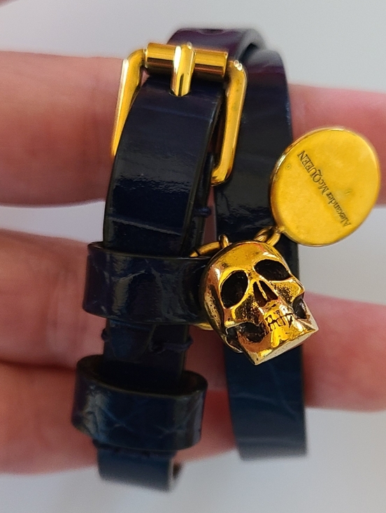 Alexander McQueen Jewelry - Alexander McQueen Navy Blue Skull Double Wrap Leather Croc Embossed Bracelet Euc